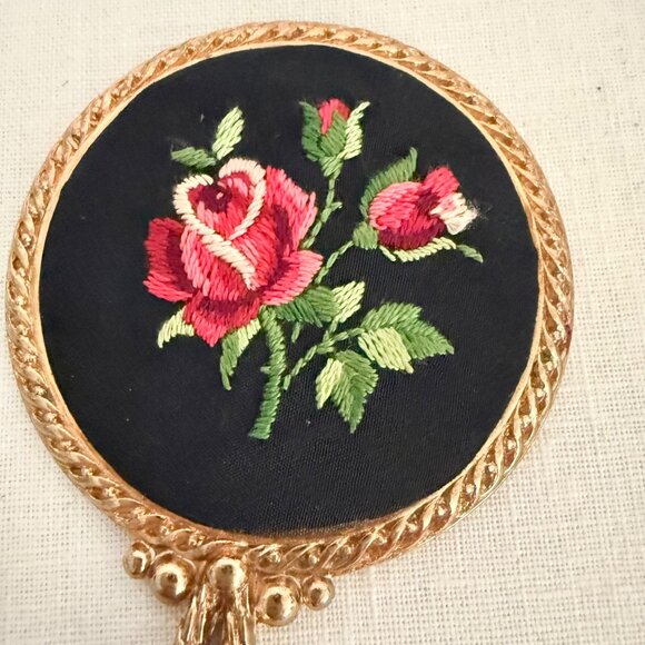 Antique Gold Hand Mirror Small Embroidered Rose Design Early 1900s Heirloom Vani - Picture 3 of 10